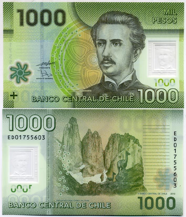 Чили 1000 песо 2010 Игнасио Каррера-Пинто Pick 161 пластик UNC (пресс) 447-87-2