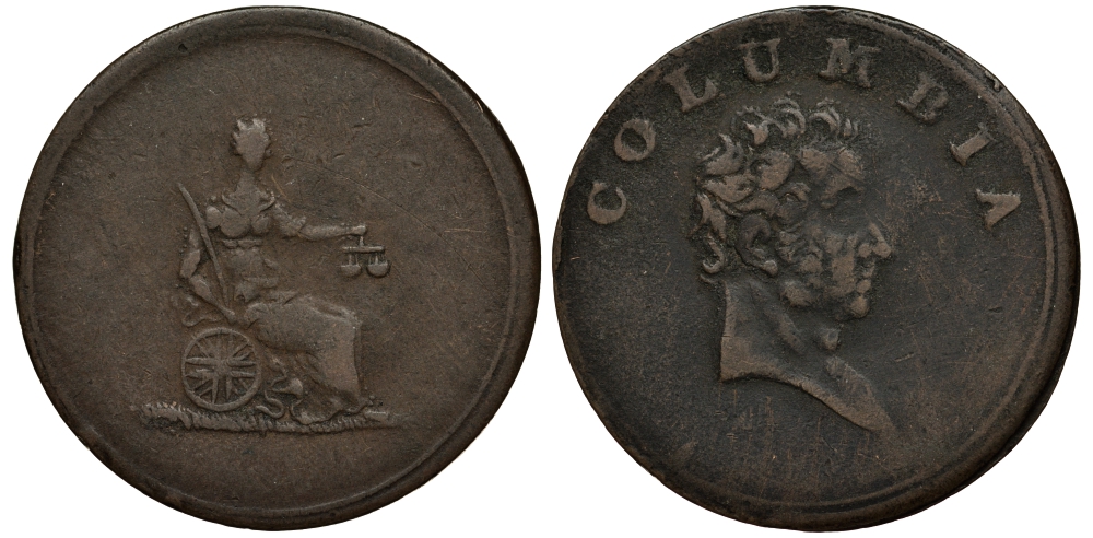 Колумбия жетон 1800-ые император, фемида, Колумбийский фартинг медь 272-613