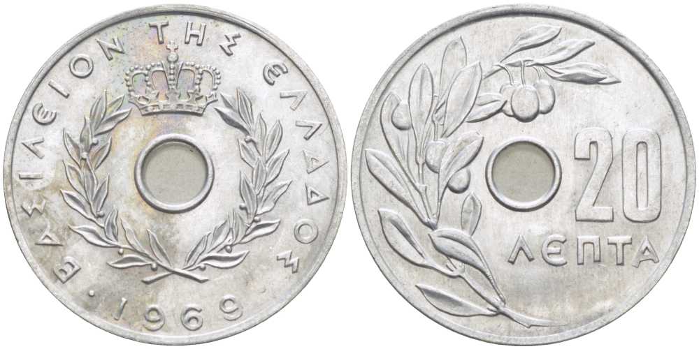 Греция 20 лепта 1969 Константин II (1964-1974), оливковая ветвь KM 79 алюминий UNC 28-914
