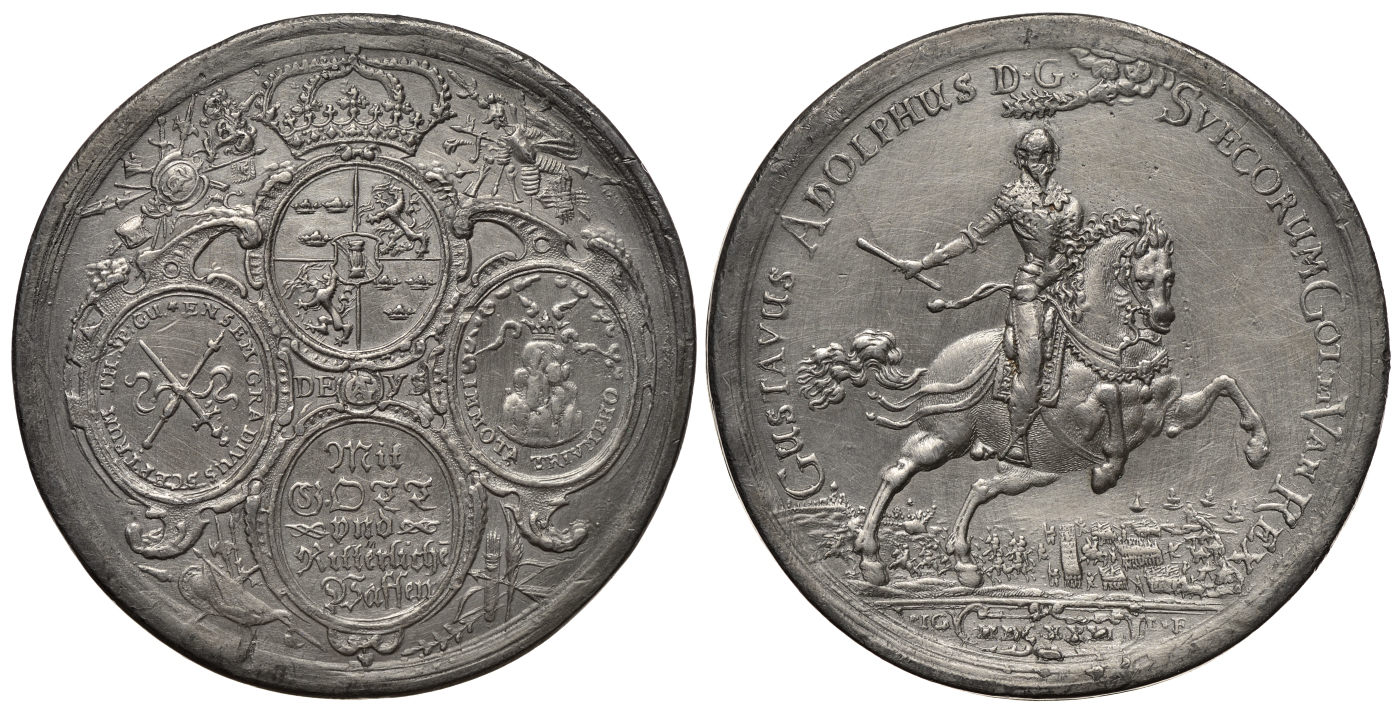 ШВЕЦИЯ МЕДАЛЬ ND ГУСТАВ АДОЛЬФ, ПОБЕДА В БИТВЕ ПРИ БРЕЙТЕНФЕЛЬДЕ (30 ЛЕТНЯЯ ВОЙНА), КОПИЯ ЛИТЬЕ, ВЕС 58,32 ГР., ДИАМЕТР 52 ММ. белый металл 05-086-13