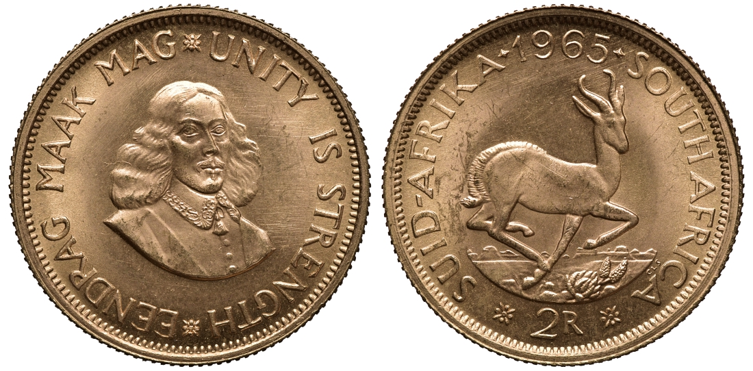 ЮАР 2 ранда 1965 KM 64 золото UNC 00-809-59