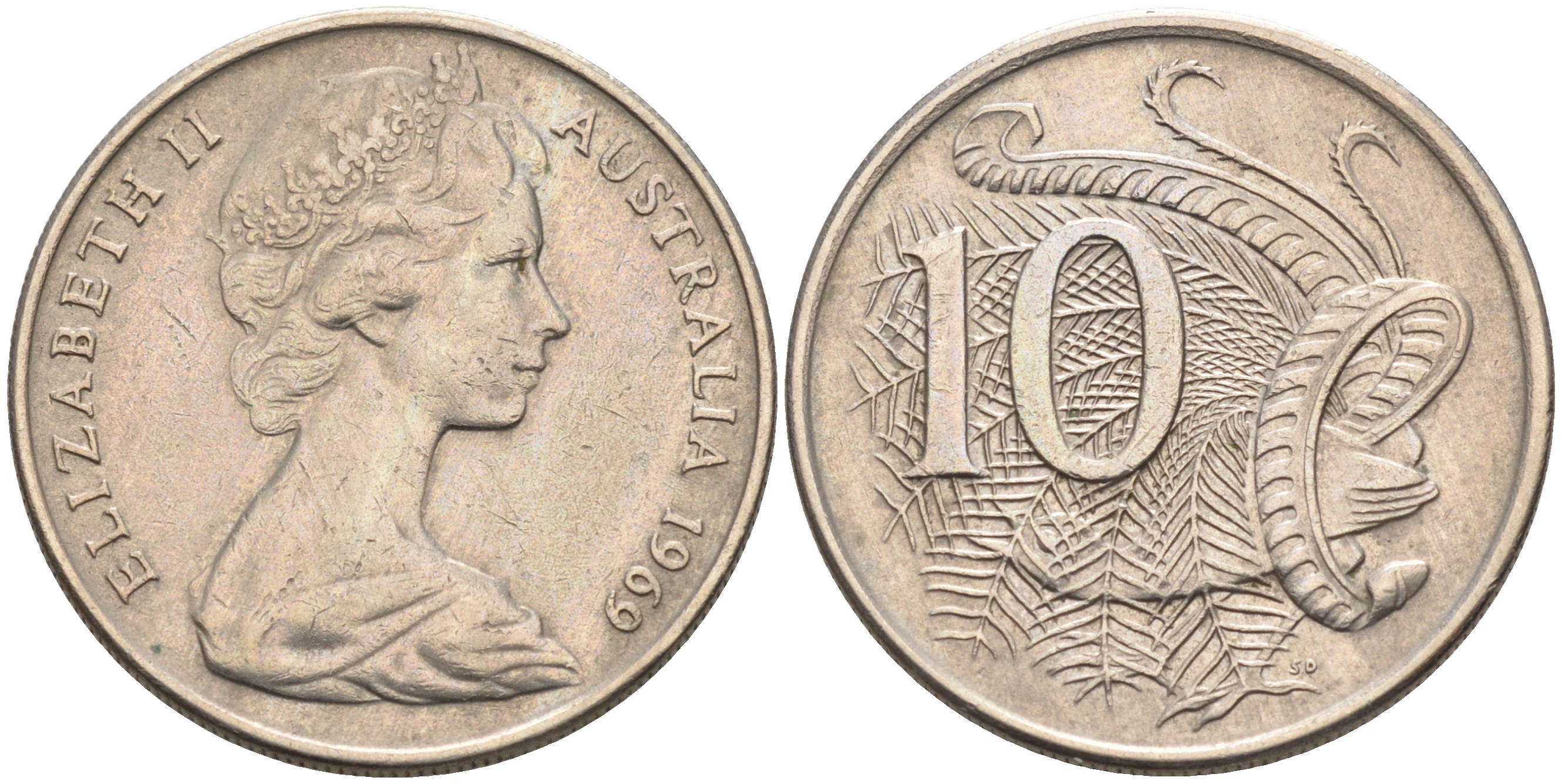 Австралия 10 центов 1969 Елизавета II (1952-), птица лирахвост KM 65 медно-никель 4566-453