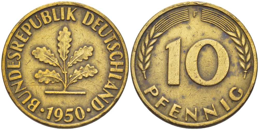 ФРГ 10 ПФЕННИГОВ 1950 F KM 108, J. 383 сталь плакированная латунью 4402-253