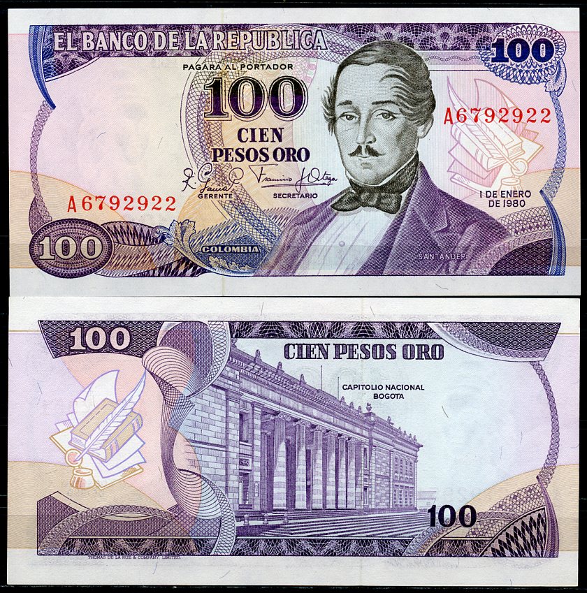 Колумбия 100 песо 1980 генерал Франсиско де Паула Сантандер, герой освободительной войны, в номере буква A Pick 418 c  бумага  UNC (пресс) 447-35-2