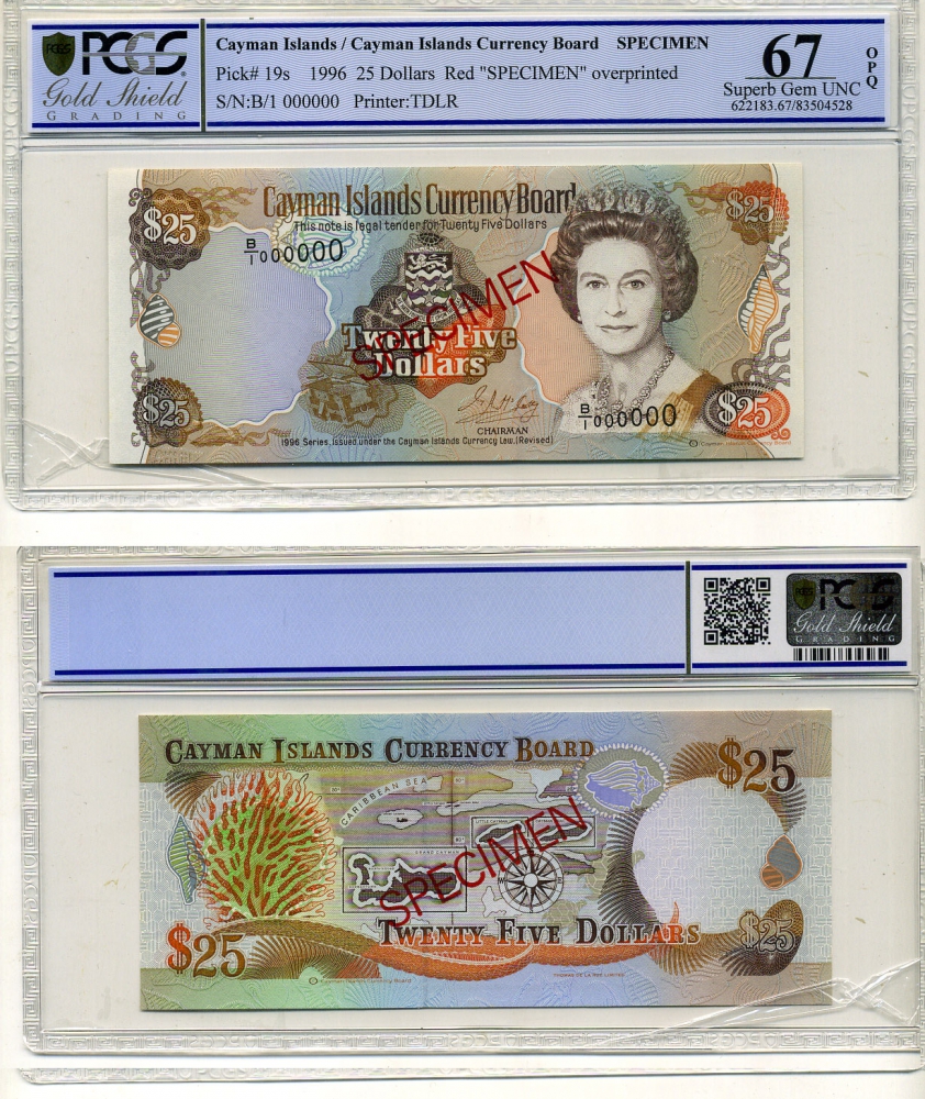Каймановы острова набор из 5 банкнот 1996 образец, Specimen, в слабах PCGS: 1 доллар 66 Gem UNC, 5 долларов 66 Gem UNC, 10 долларов 67 Superb Gem UNC, 25 долларов 67 Superb Gem UNC, 100 долларов 66 Gem UNC 452-1-46