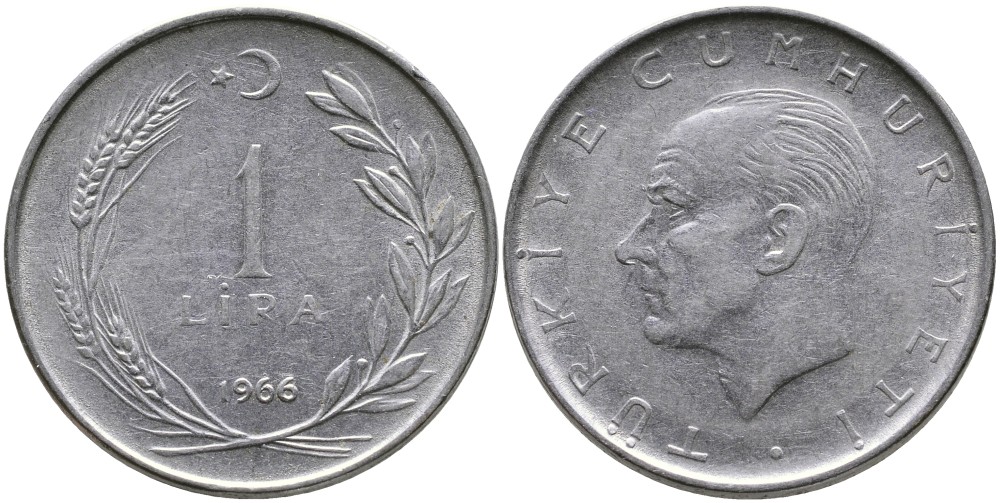 Турция 1 лира 1966 Мустафа Кемаль Ататюрк KM 889а.1 нержавеющая сталь 4541-1232