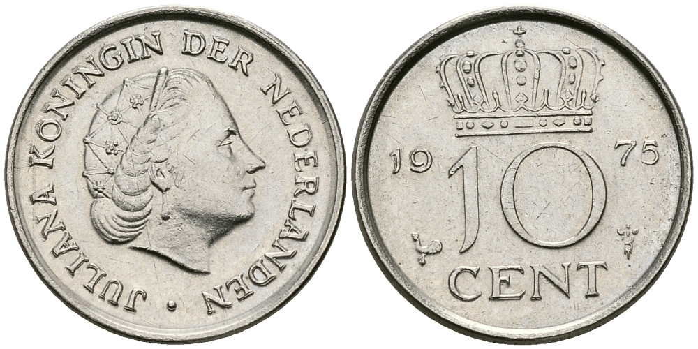 НИДЕРЛАНДЫ 10 ЦЕНТОВ 1975 ЮЛИАНА KM 182 никель 96-439