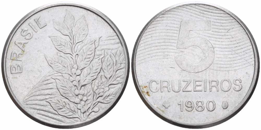 БРАЗИЛИЯ 5 КРУЗЕЙРО 1980 КОФЕ KM 591 нержавеющая сталь 108-1132