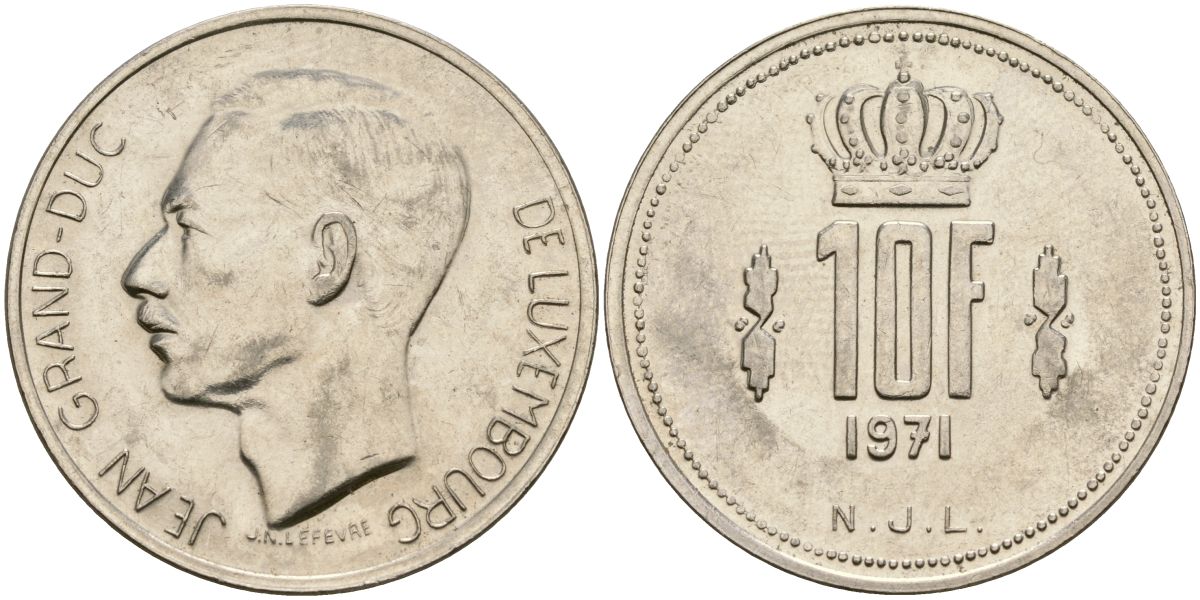 Люксембург 10 франков 1971 Великий герцог Жан (1964-2000) KM 57 никель 4120-1133