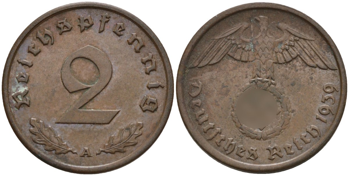 Германия 2 рейхспфеннига 1939 A KM 90, J. 362 бронза 4151-131