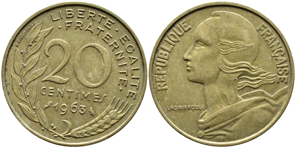 ФРАНЦИЯ 20 САНТИМОВ 1963 KM 930 медь алюминий никель 4393-156