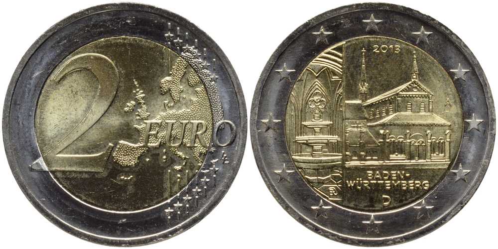 ГЕРМАНИЯ 2 ЕВРО 2013 А, БАДЕН-ВЮРТЕМБЕРГ, МОНАСТЫРЬ МАУЛЬБРОНН, СЕРИЯ ФЕДЕРАЛЬНЫЕ ЗЕМЛИ ГЕРМАНИИ KM 314 биметалл UNC 114-1011