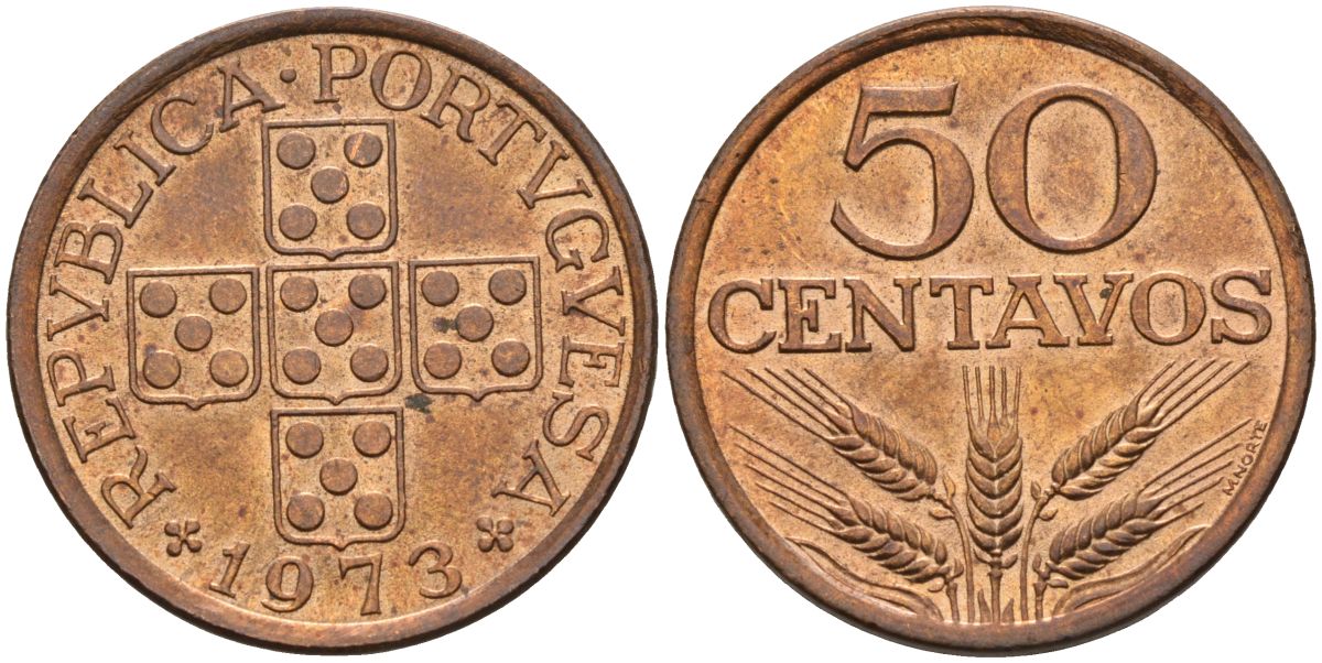 Португалия 50 сентаво 1973 KM 596 бронза UNC 4126-554