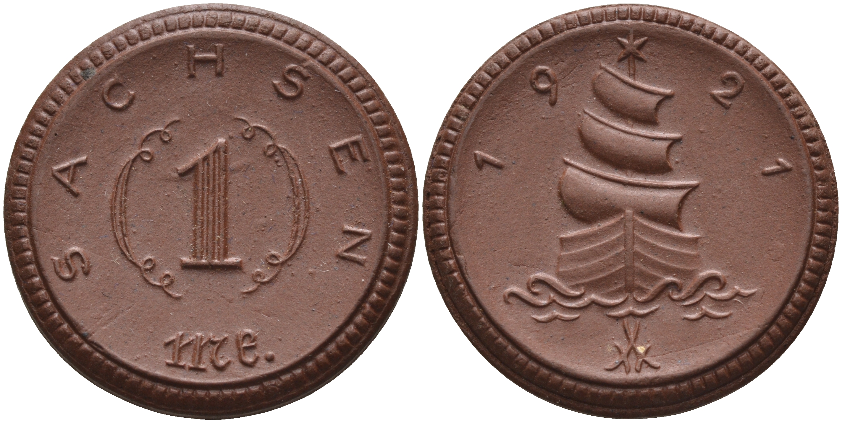 Саксония 1 марка 1921 парусник J. N 55 фарфор 1094-3-23