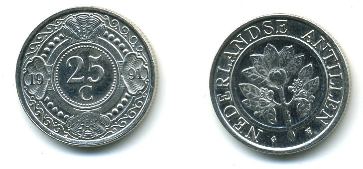 Нидерландские Антилы 25 центов 1991 Беатрикс (1980-2013) KM 35 никелированная сталь 35-1246