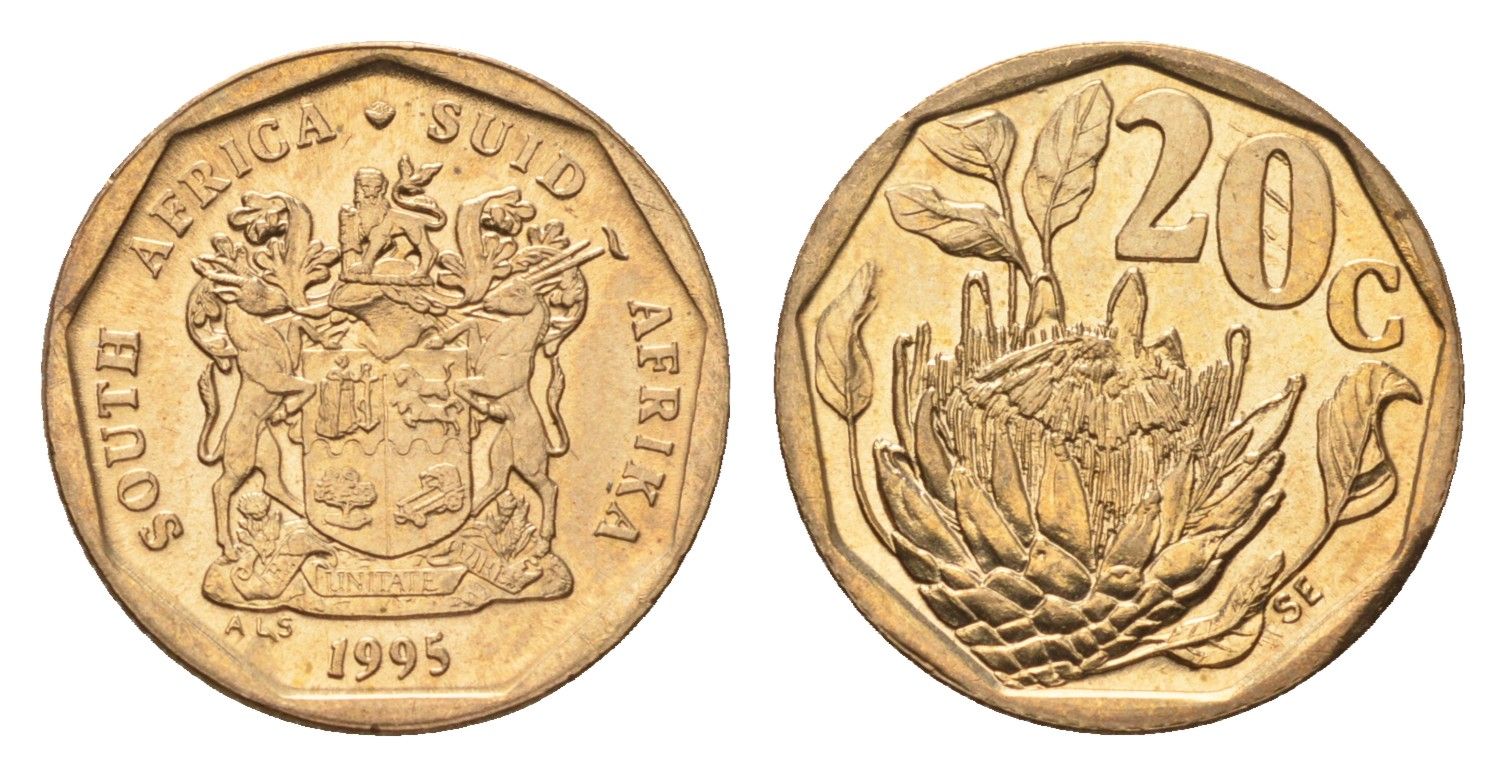 ЮАР 20 центов 1995 герб, цветок протея KM 136 сталь плакированная бронзой UNC 4694-839