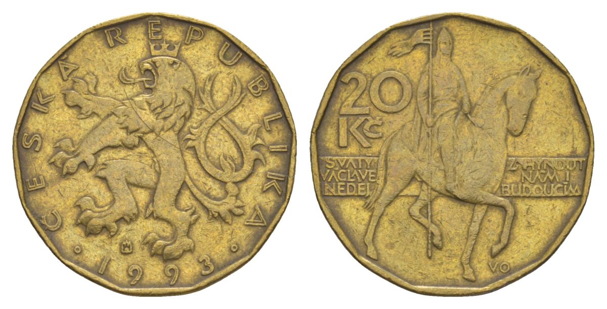 Чехия 20 крон 1993 KM 5 сталь плакированная латунью 4633-726