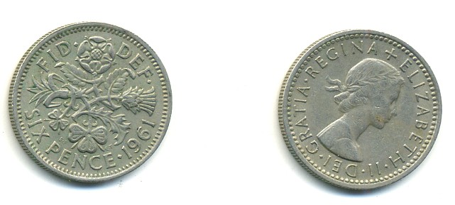 Великобритания 6 пенсов 1961 Елизавета II (1952-2022) KM 903, Spink 4149 медно-никель 23-827