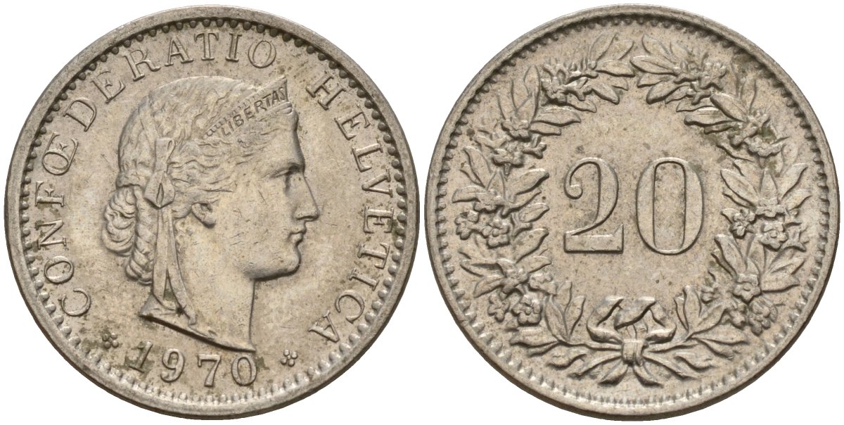 Швейцария 20 раппенов 1970 KM 29a медно-никель 4187-611