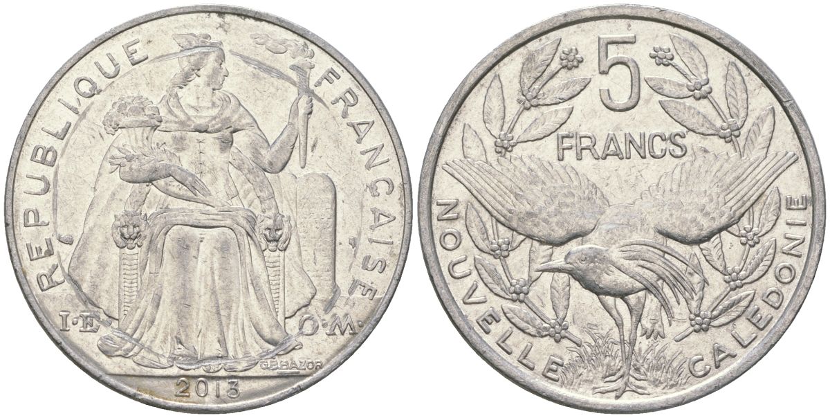 Французская Новая Каледония 5 франков 2013 птица кагу, (IEOM) KM 16, Schoen 12, Lec 81k алюминий 4111-1236