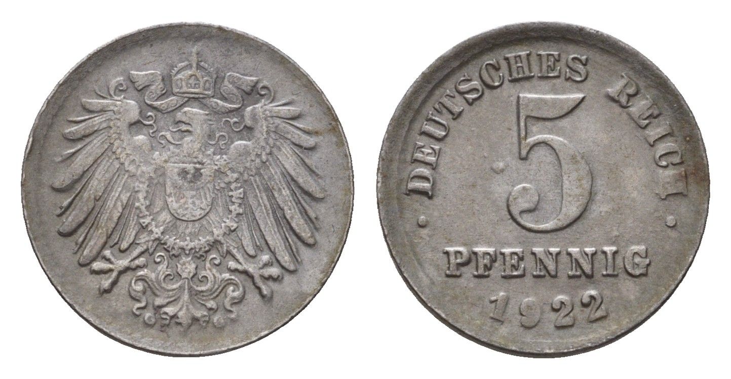 Германия 5 пфеннигов 1922 G KM 19, J. 297 железо плакированная цинком 4636-412