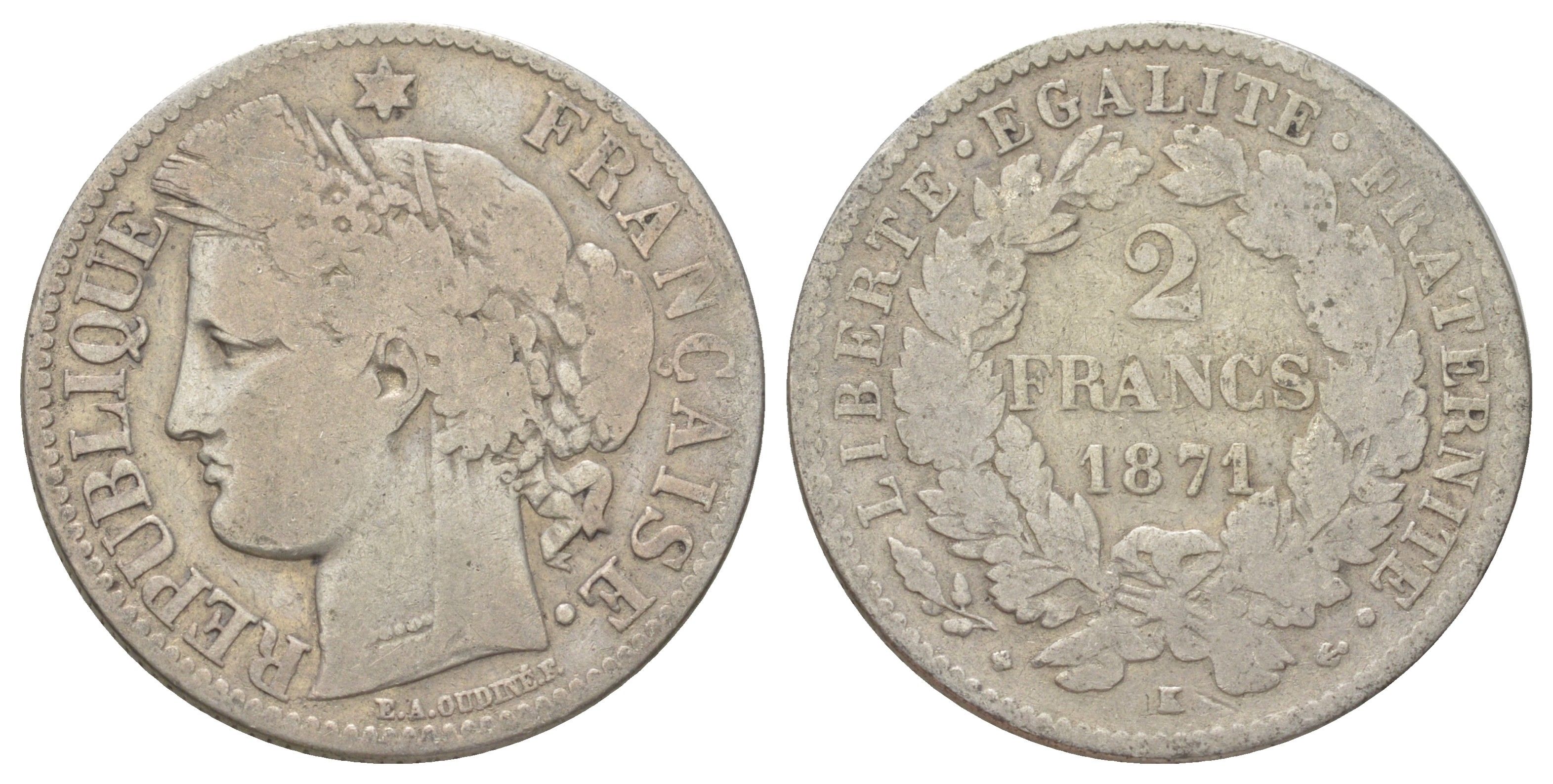 Франция 2 франка 1871 K KM 817 серебро 4622-1126