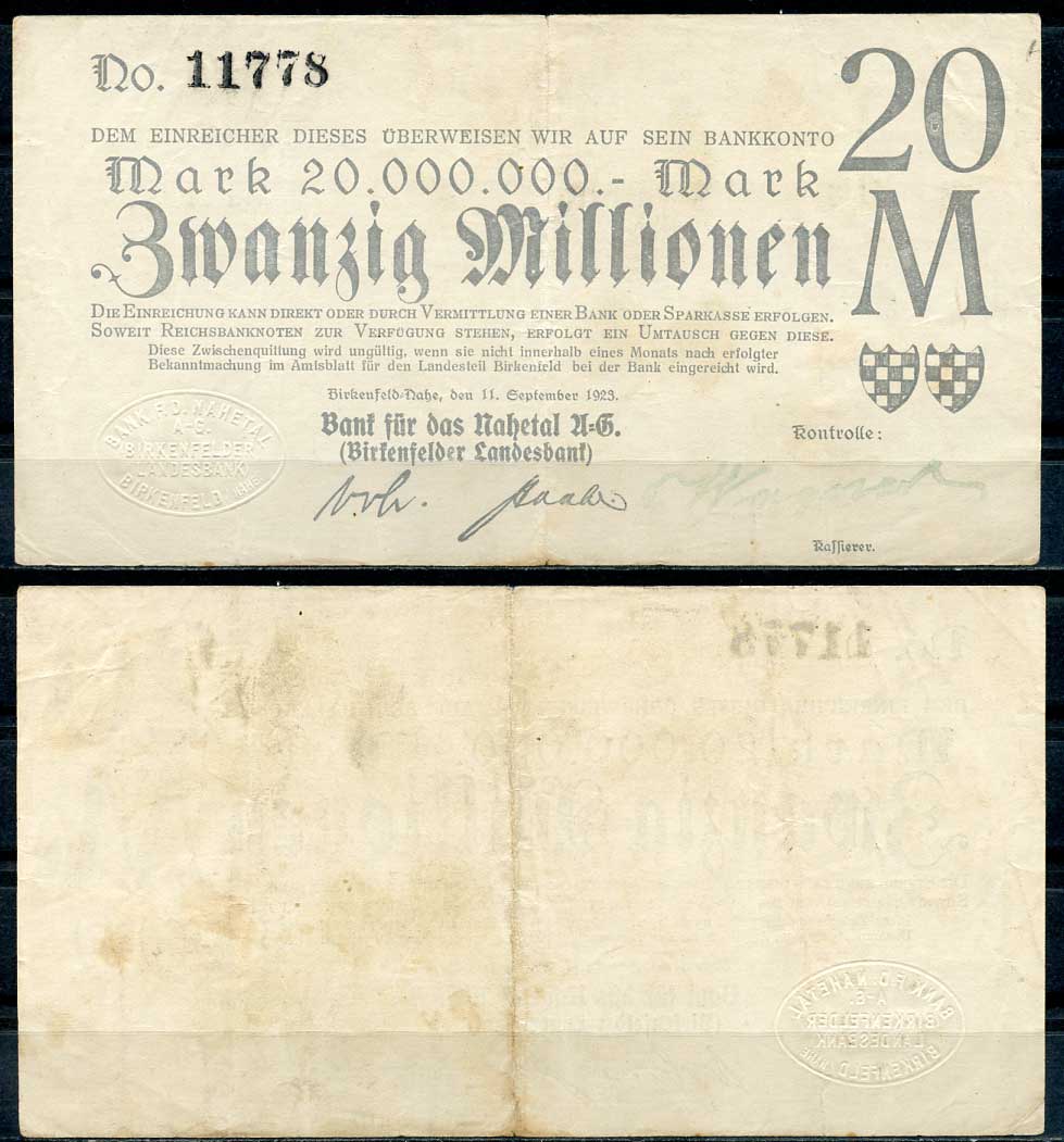 Германия, Биркенфельд 20000000 марок 1923 нотгельд, 11.09.1923 бумага 444-106-2-2