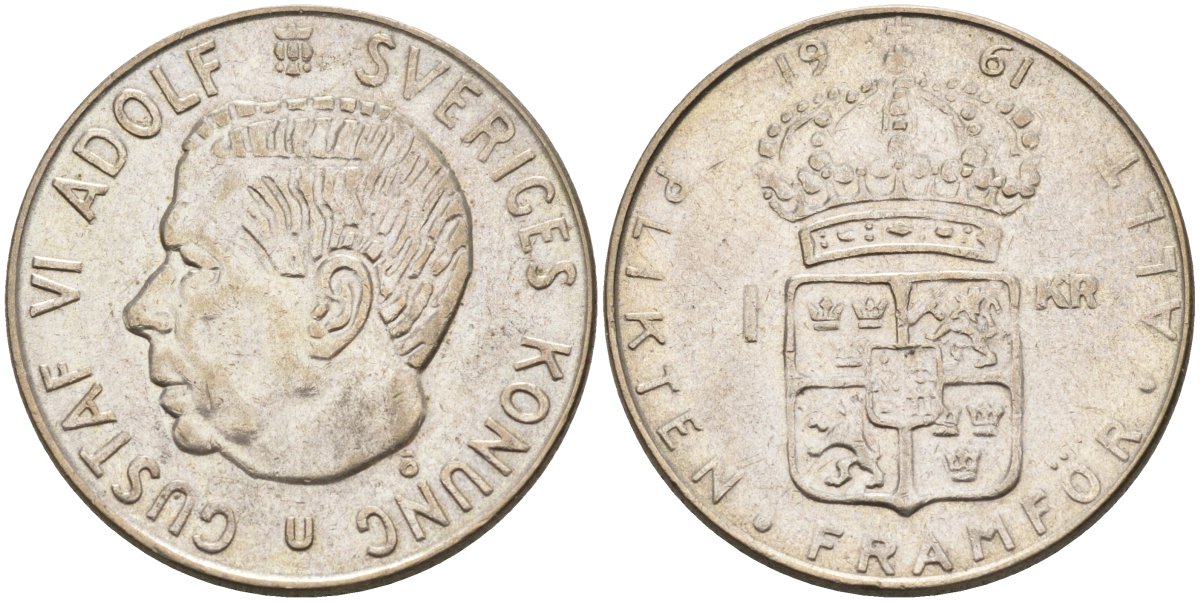 Швеция 1 крона 1961 U, Густав VI Адольф (1950-1973) KM 826 серебро 4582-427