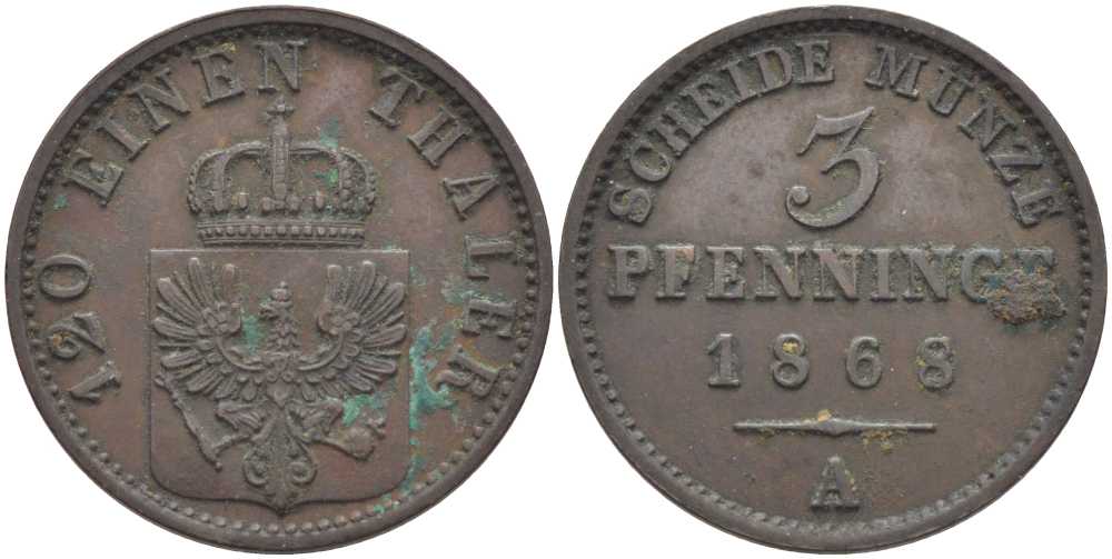 ПРУССИЯ 3 ПФЕННИГА 1868 А, ВИЛЬГЕЛЬМ I (1861-1888) KM 482 медь 117-1122