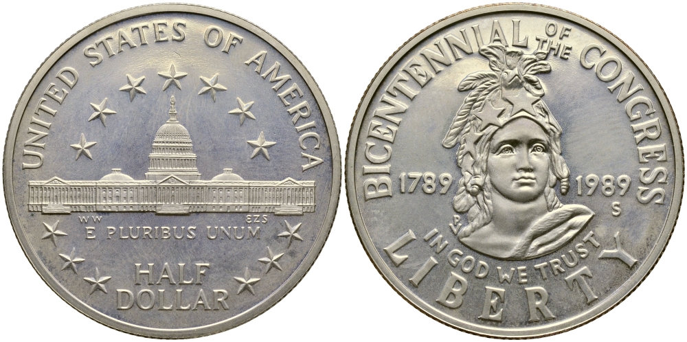 США 1/2 доллара (50 центов) 1989 S, 200 лет Конгрессу США KM 224 медь плакированная медно-никелем PROOF 1530-731