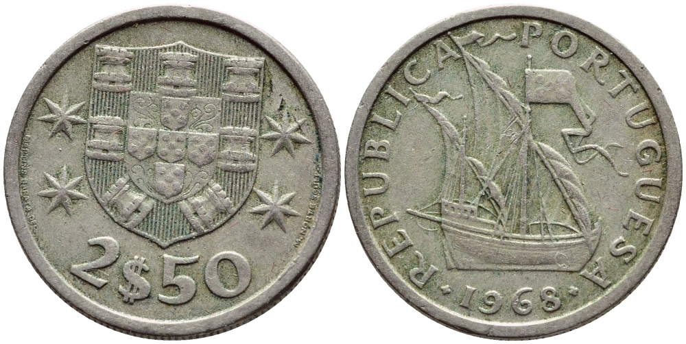 ПОРТУГАЛИЯ 2,5 ЭСКУДО 1968 ПАРУСНИК KM 590 медно-никель 4396-139