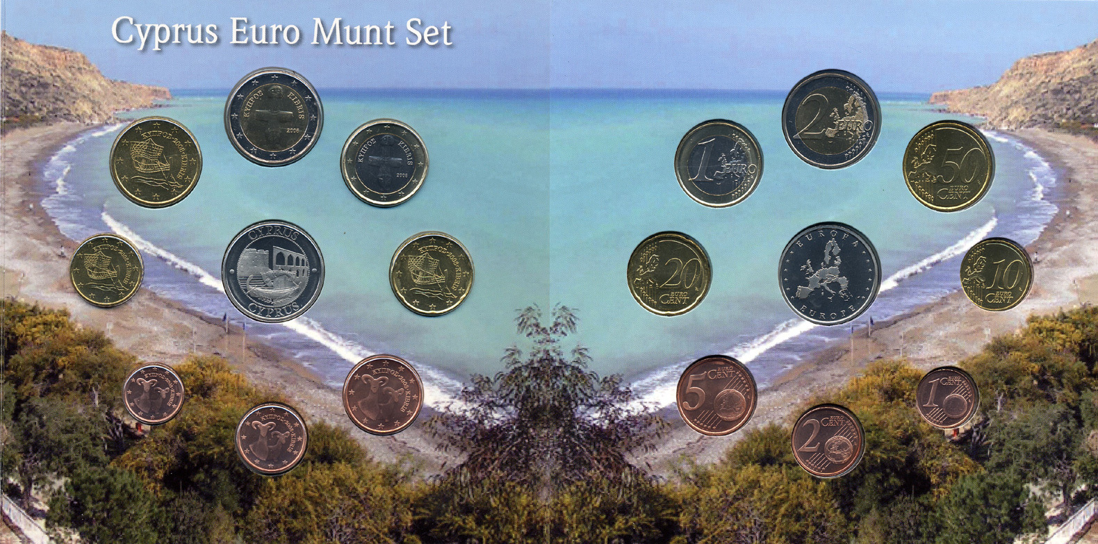 Кипр набор из 8 евромонет + жетон 2008 в красочном буклете  биметалл  UNC  1-6-1-09