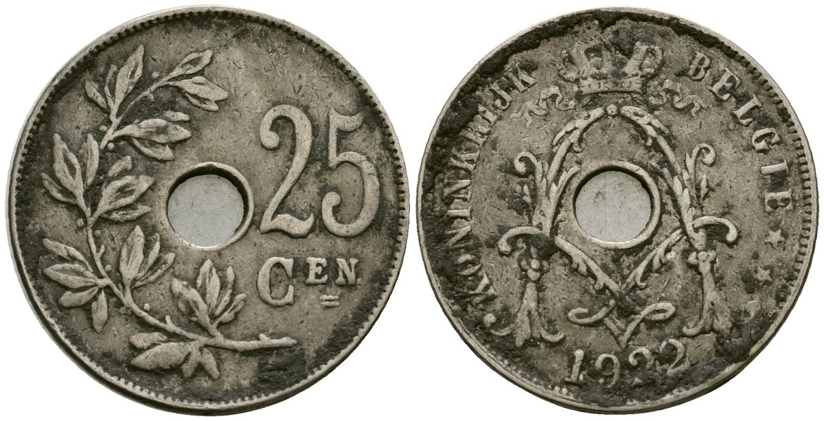 Бельгия 25 сантимов 1922 Belgie KM 69 медно-никель 4165-845