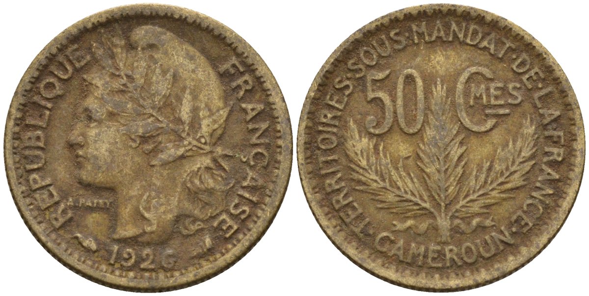 Камерун 50 сантимов 1926 (a), мондвор Париж KM 1 алюминиевая бронза 4169-1123