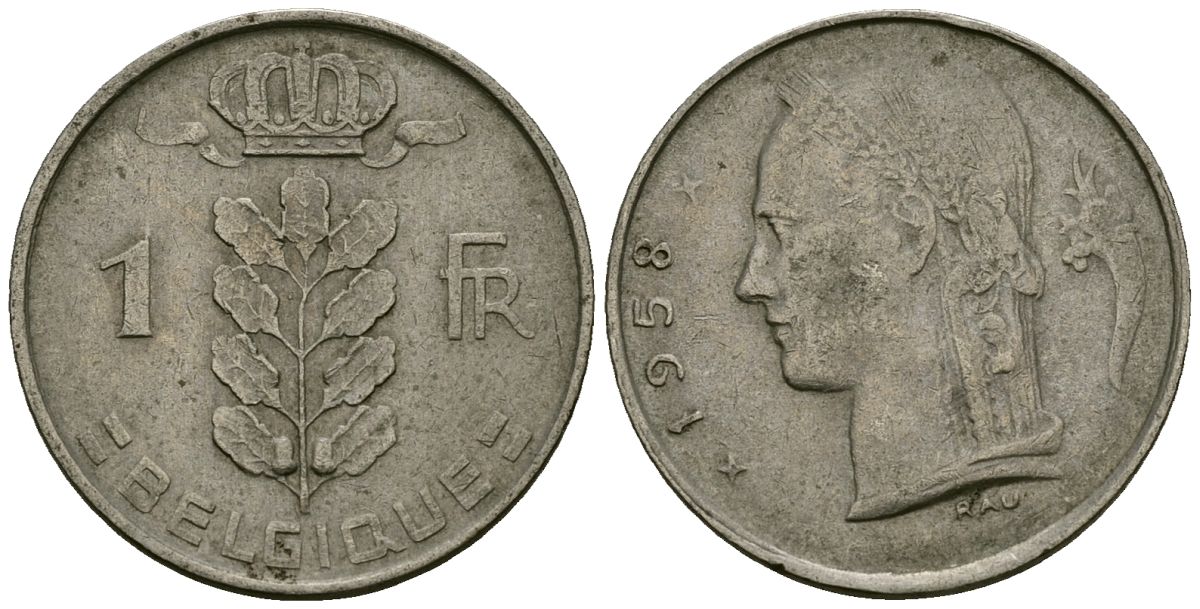 Бельгия 1 франк 1958 KM 142 медно-никель 4177-1037