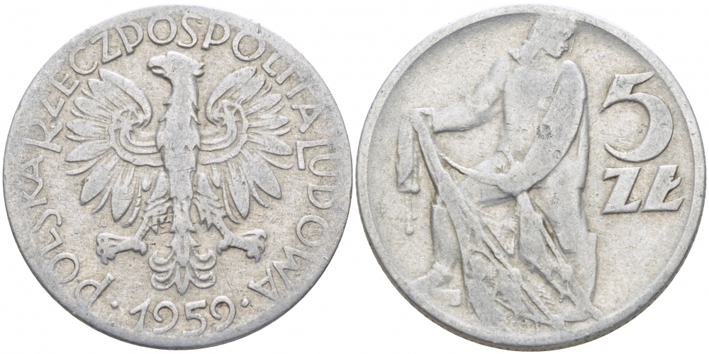 Польша 5 злотых 1959 MW, рыбак KM 47 алюминий 32-814