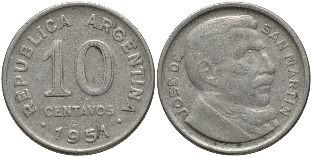 Аргентина 10 сентаво 1951 генерал Хосе де Сан Мартин KM 47 медно-никель 4396-236