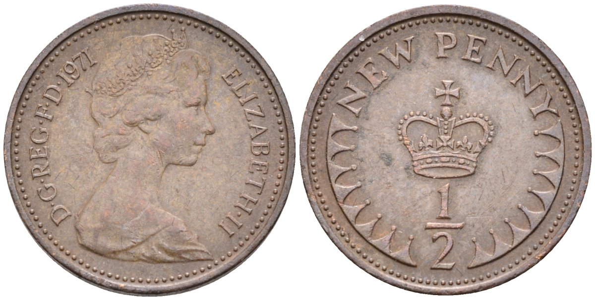 Великобритания 1/2 пенни 1971 Елизавета II (1952-2022) KM 914, Spink 4239 бронза 4585-856