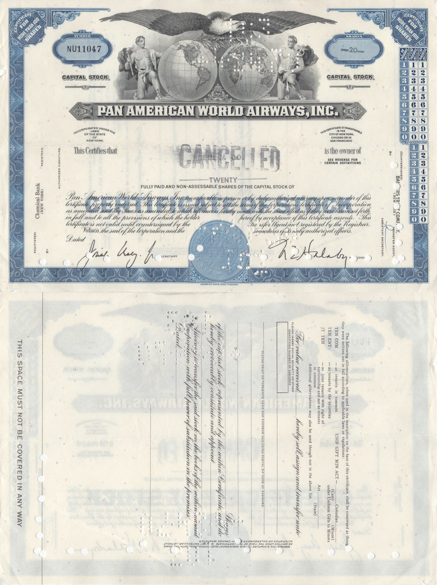 США, Pan American World Airways сертификат на 100 акций ND аннулированный бланк бумага 5553-25-2