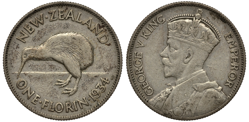 Новая Зеландия 1 флорин 1934 Георг V (1910-1936), птичка киви KM 4 серебро 272-1311