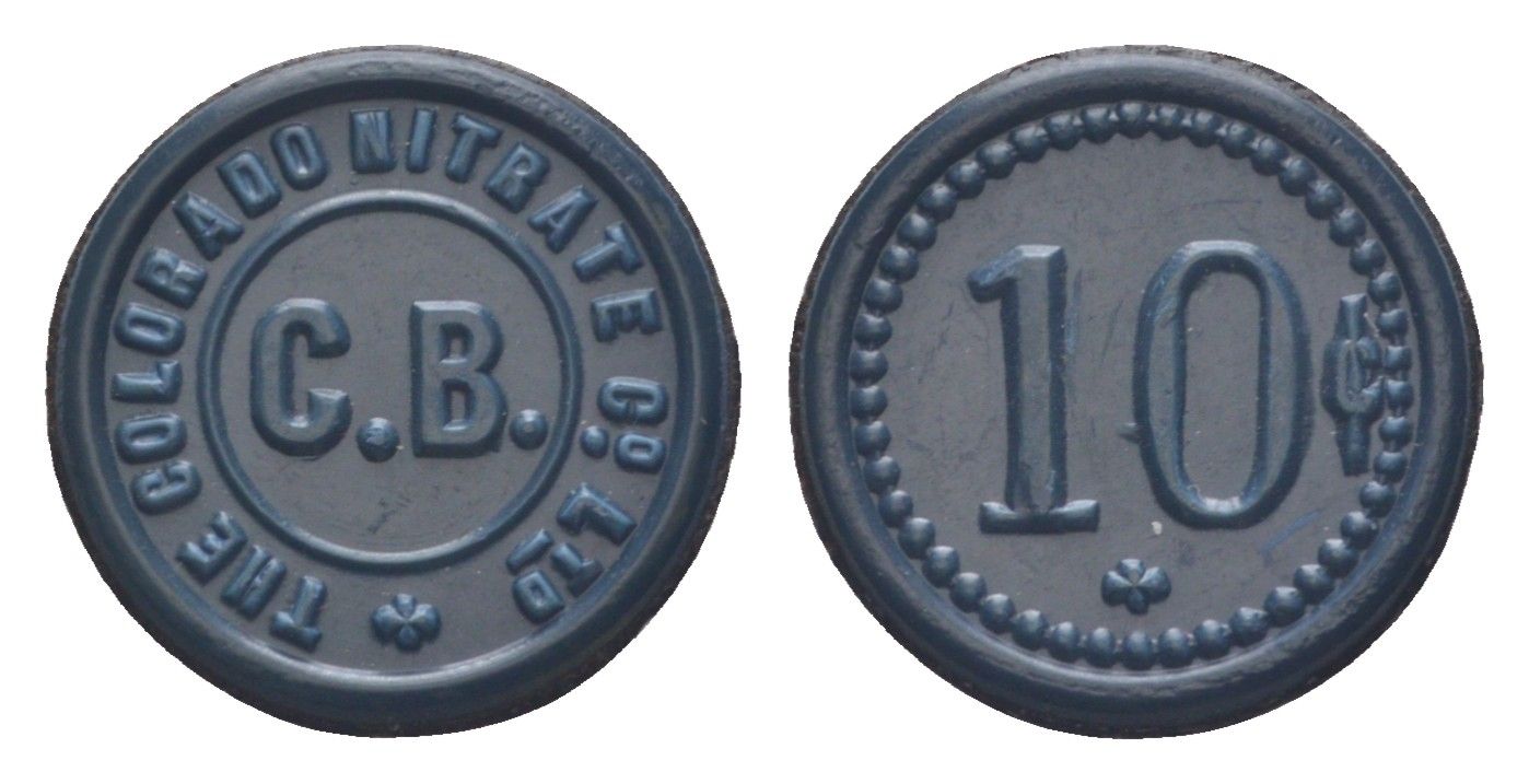 Чили, Кармен Баджо (Carmen Bajo), Посо-Альмонте шахтерский жетон с Селитряного рудника для покупки в местных магазинах, номиналом в 10 сентаво 1880-1920 диаметр 21 мм, вес 1,09 гр Espinosa 65.5 эбонит (синий) 1094-3-51