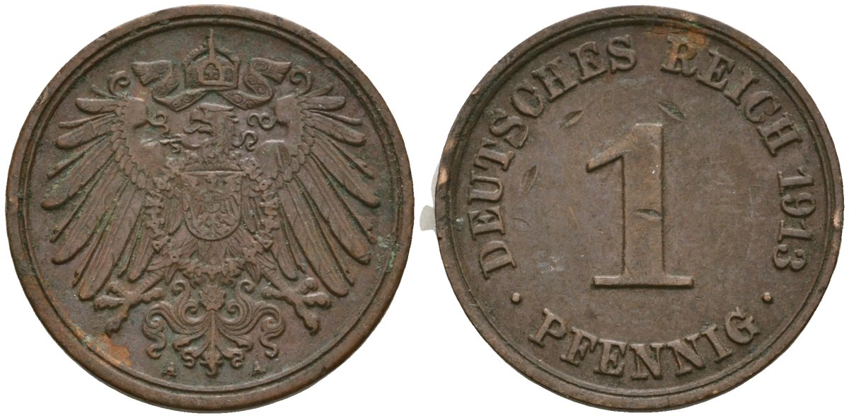 Германия 1 пфенниг 1913 A, Вильгельм II (1888-1918) KM 10, J. 10 медь 4608-123