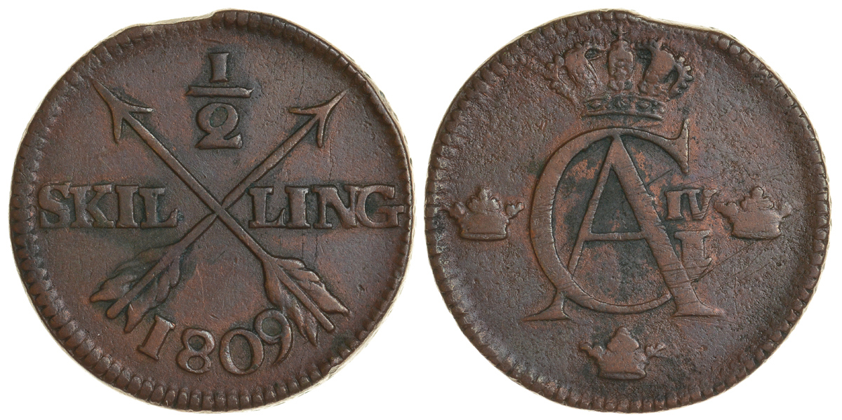 Швеция 1/2 скиллинга 1809 Густав IV Адольф (1792-1809) KM 565 медь 37-1035