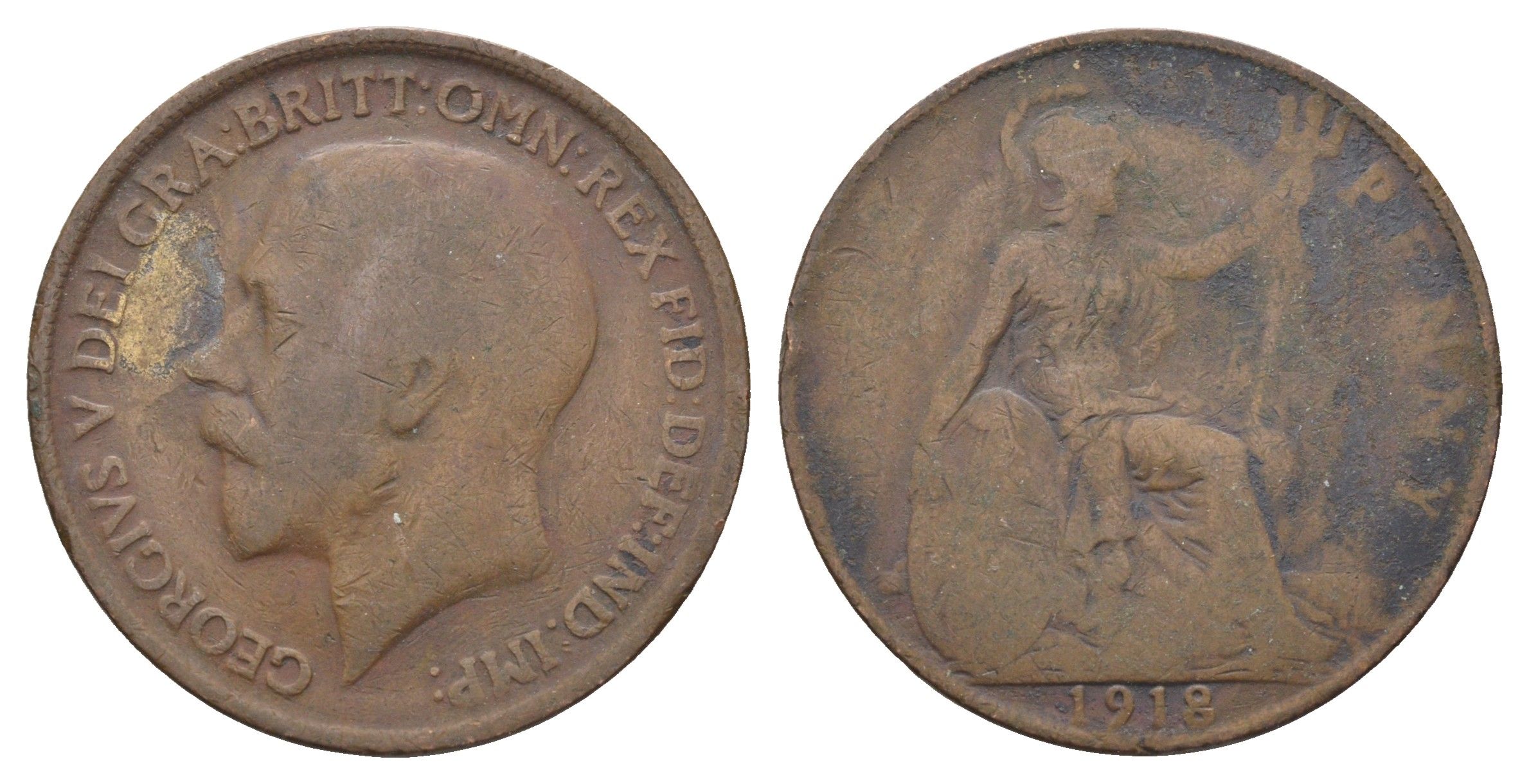 Великобритания 1 пенни 1918 Георг V (1910-1936) KM 810, Spink 4051 бронза 4661-541