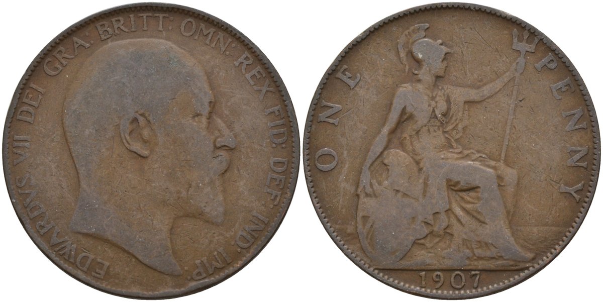Великобритания 1 пенни 1907 Эдуард VII (1901-1910) KM 794.2, Sp 3990 бронза 4144-741