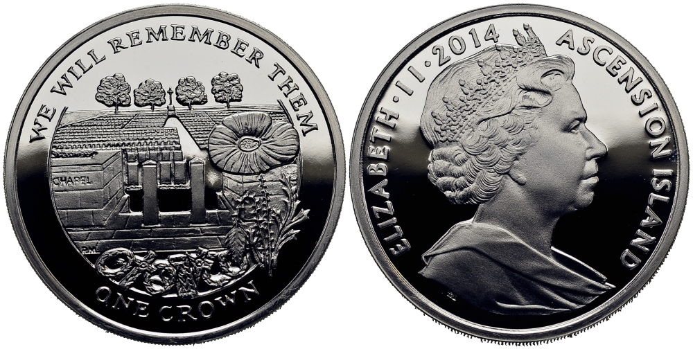 Остров Вознесения 1 крона 2014 в память героев первой мировой войны, кладбище KM NEW серебро PROOF 1071-1-61