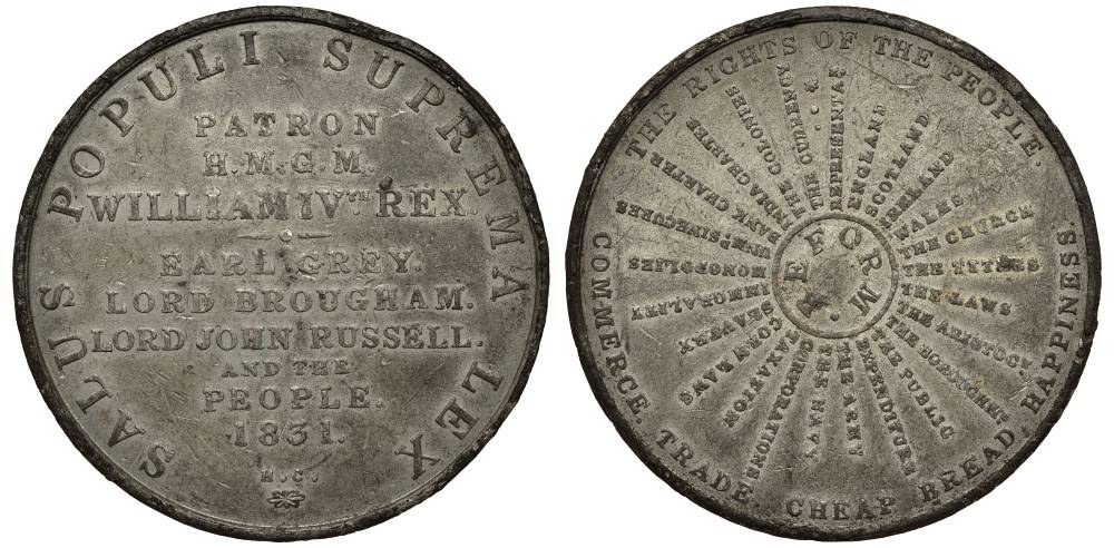 АНГЛИЯ МЕДАЛЬ 1831 ПОСВЕЩЕНА ПРОЕКТУ ПАРЛАМЕНТСКОЙ РЕФОРМЫ ДЖОНА РАССЕЛА, ДИАМЕТР 46,5 ММ. цинк 1091-1-42