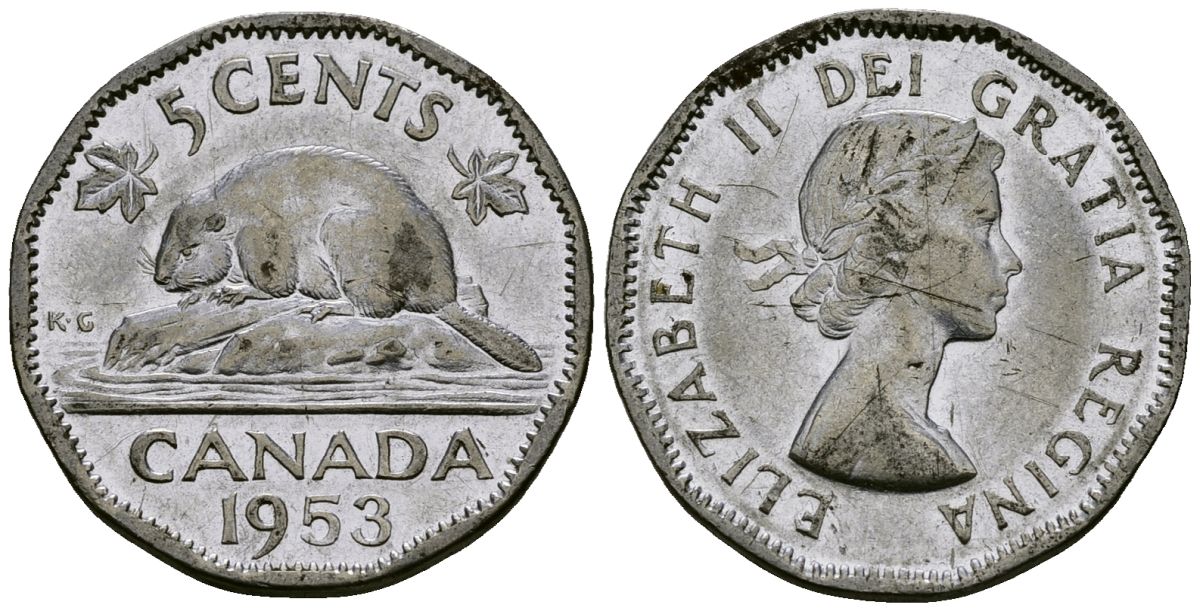 Канада 5 центов 1953 Елизавета II (1953-), бобр KM 50 хромированная сталь 4167-923