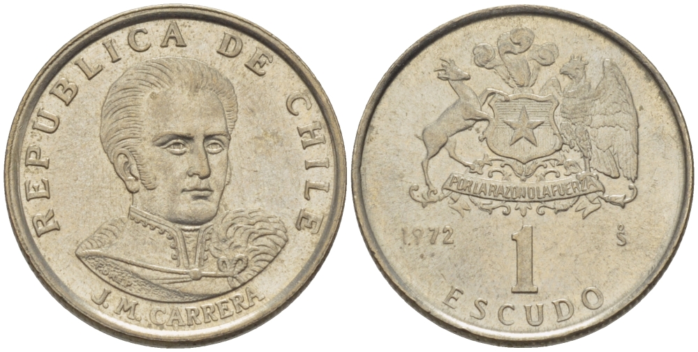 Чили 1 эскудо 1972 Хосе Мигель Каррера KM 197 медно-никель 4388-455