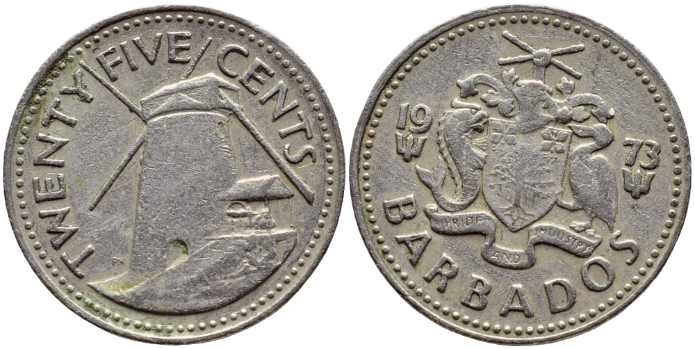 Барбадос 25 центов 1973 ветряная мельница Моргана Льюиса KM 13 медно-никель 4398-327